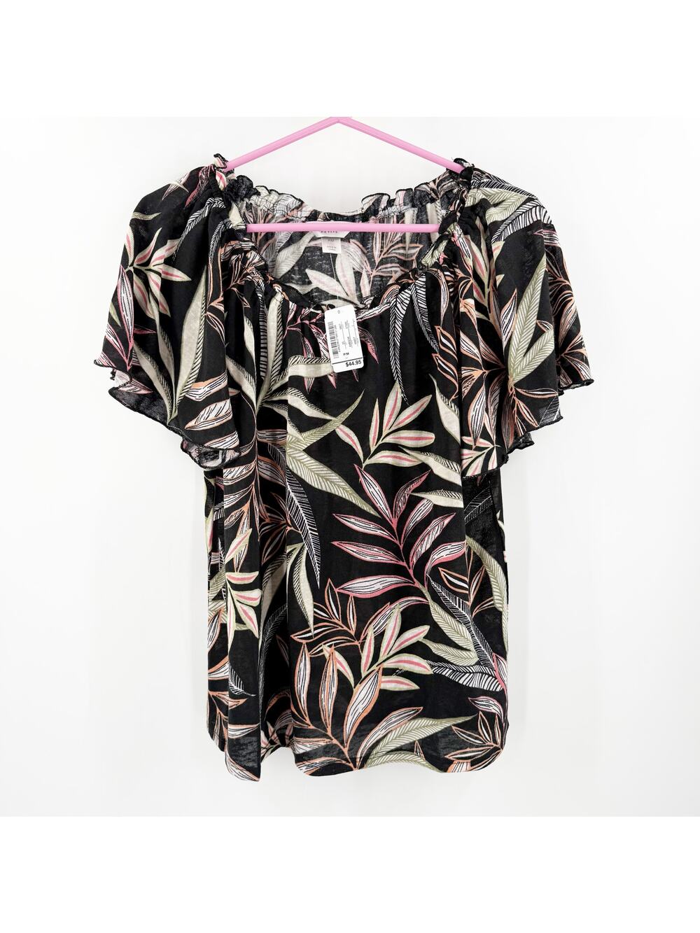 Christopher & Banks Top SZ Petite Medium NWT Black Tropical Ruffle Floral Sheer